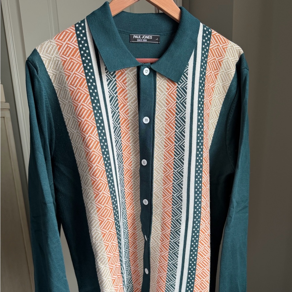 Paul Jones Men's Green and Orange Geometric Long Sleeve Polo Shirt